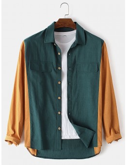 Mens Cotton Patchwork Casual Lapel Collar Long Sleeve Shirts