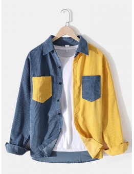 Mens Corduroy Color Block Patchwork Casual Long Sleeve Shirts With Pockets