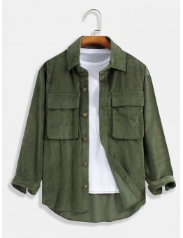 Mens Corduroy Solid Color Relaxed Fit Long Sleeve Shirts With Flap Pockets