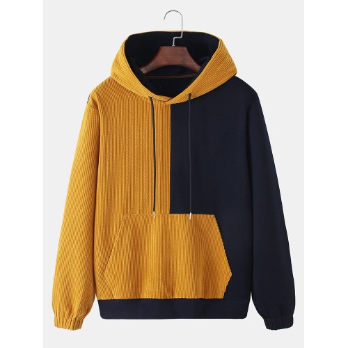 Mens Corduroy Contrast Patchwork Loose Kangaroo Pocket Drawstring Hoodies