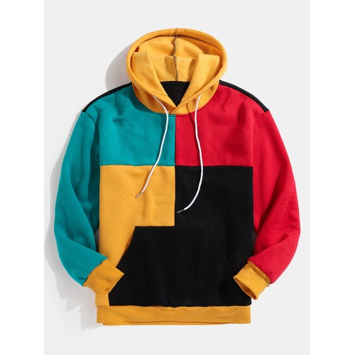 Mens Colorblock Stitching Kangaroo Pocket Loose Casual Pullover Hoodies