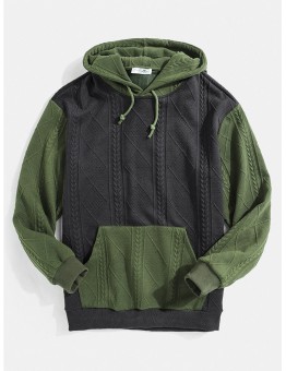 Mens Knitting Texture Color Bolck Stitching Patchwork Drawstring Hoodies