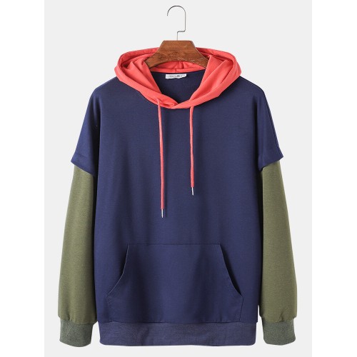 Mens Colorblock Patchwork Loose Casual Doctor Sleeves Hoodies With Muff Pocket
