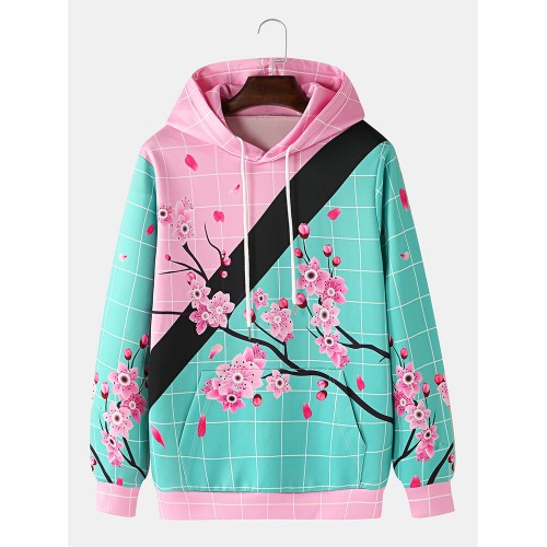 Mens Colorblock Plaid Floral Print Pullover Drawstring Hoodies With Kangaroo Pocket