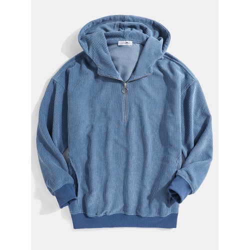 Mens Corduroy Solid Color Vintage Zipper Front Casual Hoodies With Pocket