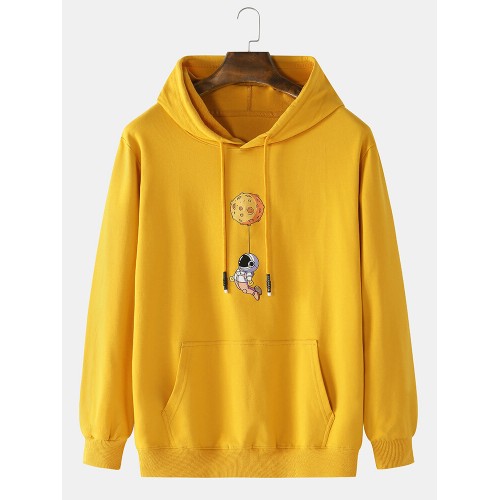 Mens Cotton Cartoon Astronaut Chest Print Solid Light Casual Hoodies With Muff Pocket