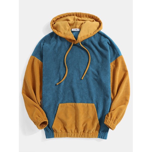 Mens Corduroy Contrast Patchwork Casual Drawstring Elastic Hem Hoodies With Kangaroo Pocket