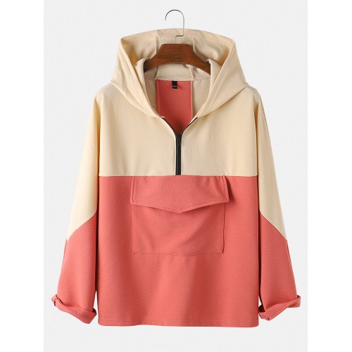 Mens Contrast Color Half Zipper Front Loose Fit Long Sleeve Hoodies With Pocket