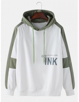 Mens Contrast Color Letter Print Casual Loose Fit Drawstring Hoodies With Tape Detail