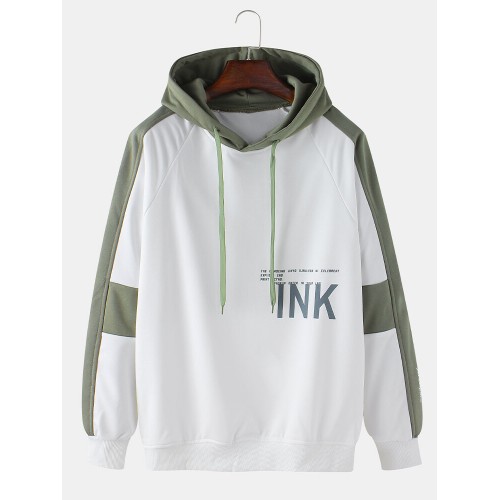 Mens Contrast Color Letter Print Casual Loose Fit Drawstring Hoodies With Tape Detail