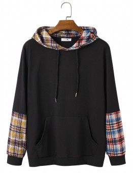 Mens Tartan Patchwork Loose Drawstring Hoodies With Kangaroo Pocket