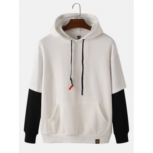 Mens Contrast Patchwork Sleeve 100% Cotton Casual Kangaroo Pocket Drawstring Hoodies