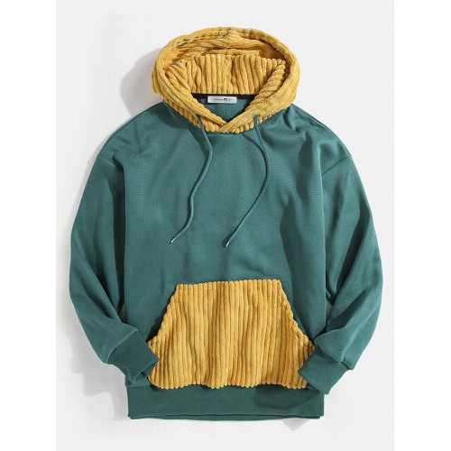 Mens Contrast Patchwork Casual Relaxed Fit Kangaroo Pocket Drawstring Hoodies