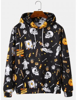 Mens All Over Skull Print Halloween Loose Drawstring Hoodies With Kangaroo Pocket