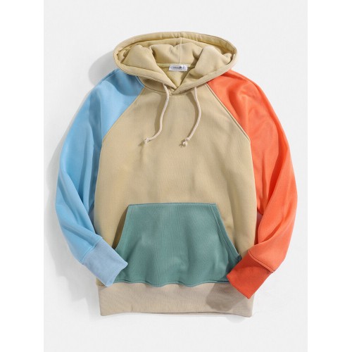 Mens Colorful Colorblock Patchwork Streetwear Kangaroo Pockets Hoodies