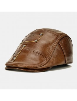 Men Genuine Leather Rivet Decoration Plus Velvet Keep Warm Ear Protected Casual Beret Hat